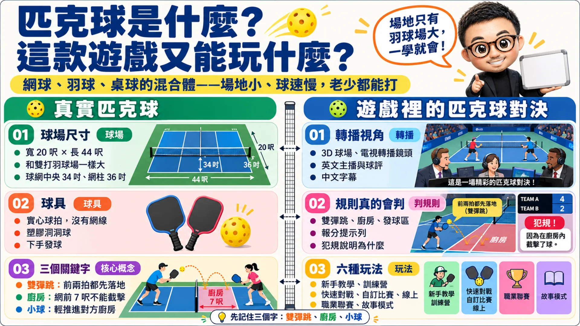 匹克球是什麼：球場、球網、廚房與發球區