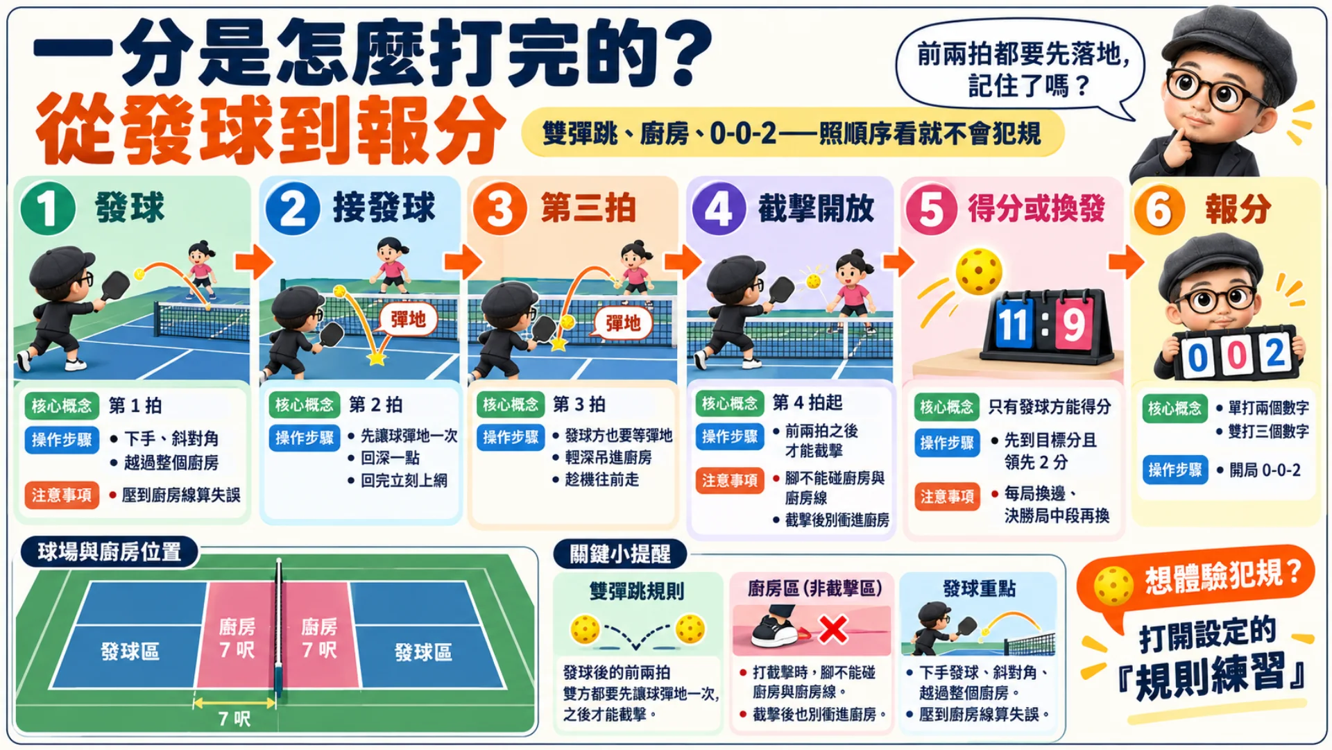 發球、雙彈跳、廚房與計分重點